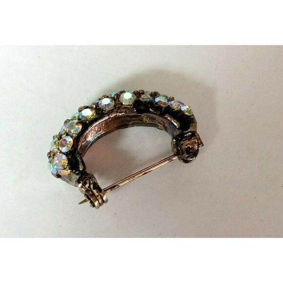 Vintage Crescent Moon Brooch Aurora Borealis Rhinestones Gold Tone VTG - Picture 11 of 14